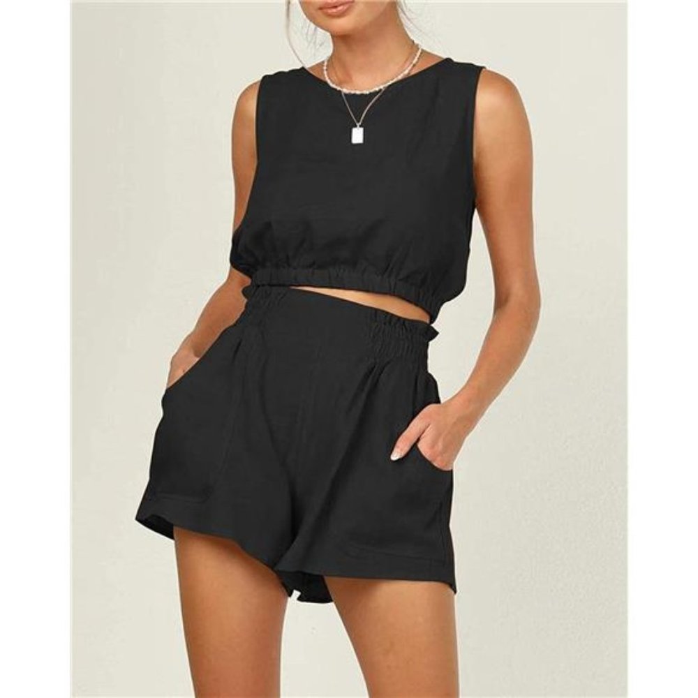 AUTOMET Women’s Summer 2 Piece Outfits Shorts Sets Sleeveless Round Neck Crop To